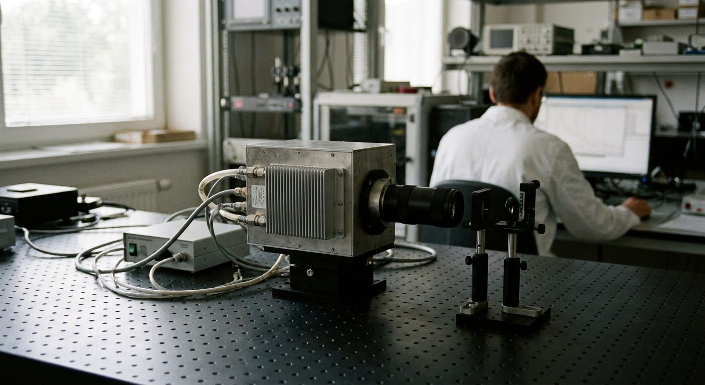 A cooled scientific infrared camera with cooling fins and coolant lines on an optical table in a research lab, with optical posts in front of the lens.