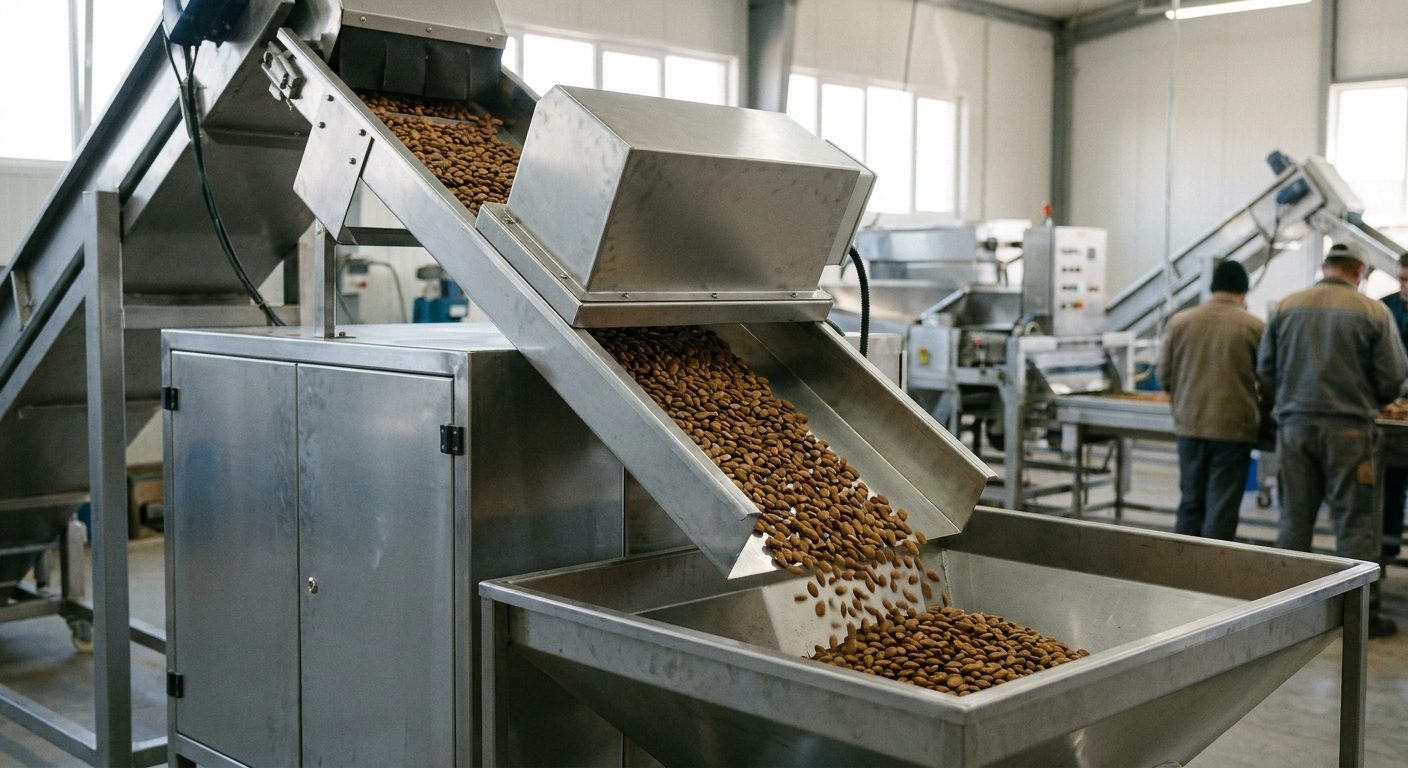 An optical sorting machine with a stainless steel chute carrying shelled almonds past a sealed camera and lighting housing.