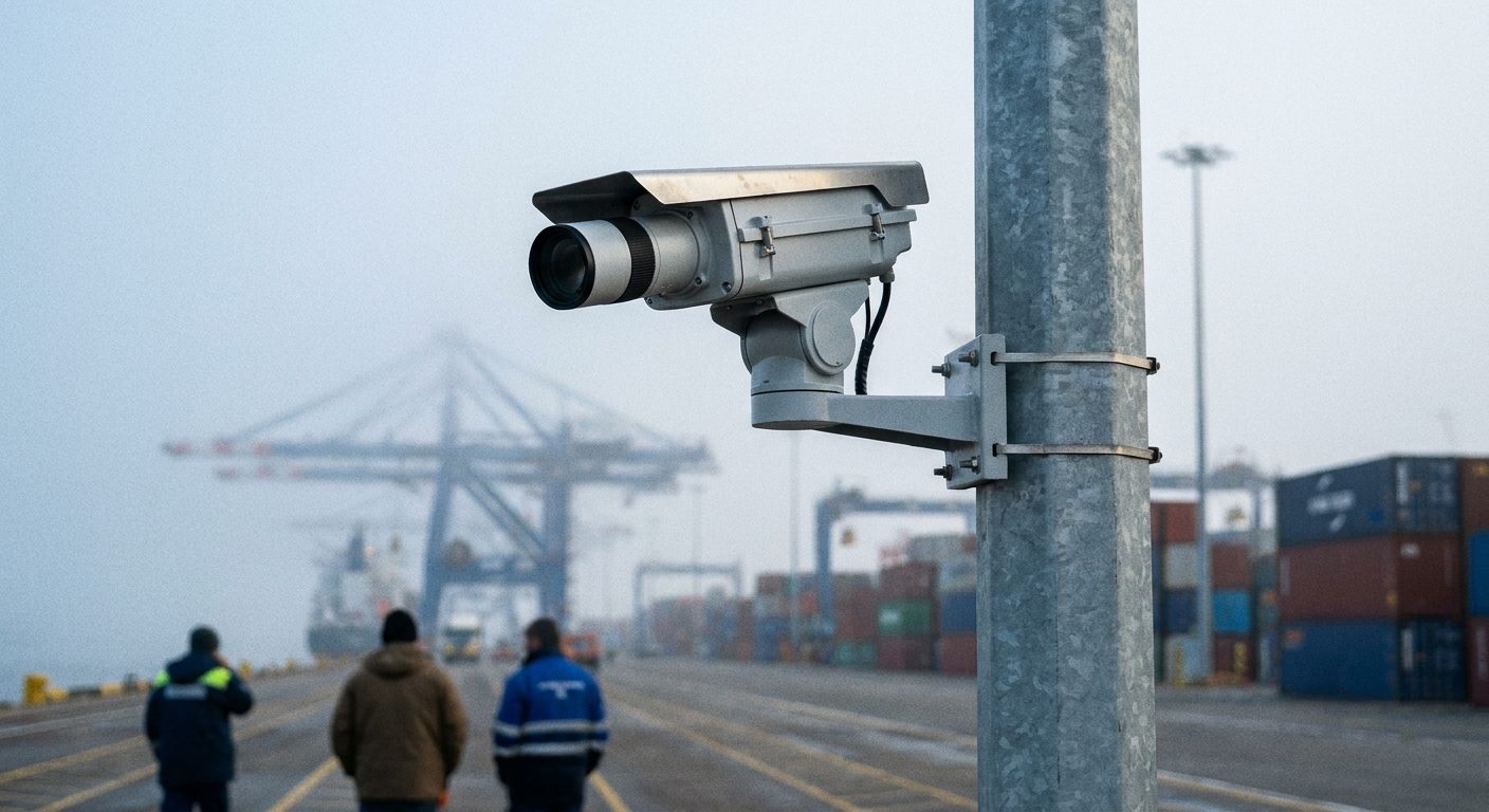 A weatherproof long-range camera on a pan-tilt mount on a galvanized steel pole at a container port on a hazy morning, cranes soft in the distance.