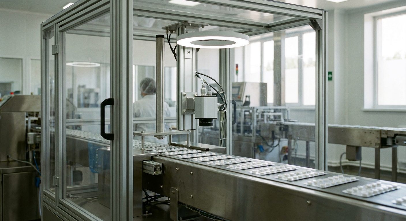 Blister packs of white tablets on a stainless steel conveyor passing under an inspection camera and ring light inside a guarded station.