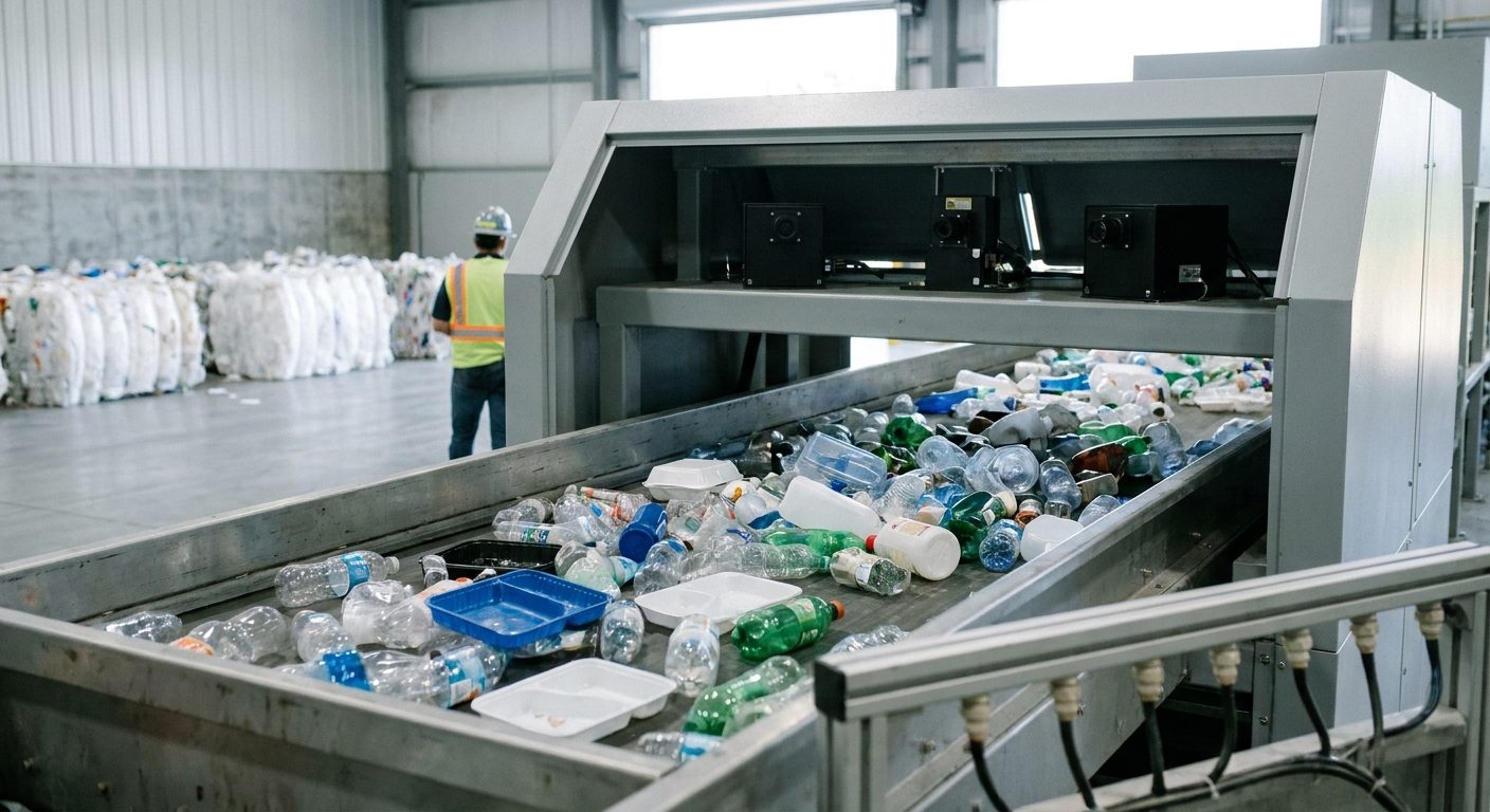 A recycling sorting line with mixed plastic bottles and trays on a conveyor running under an enclosed sensor unit, with baled plastics in the background.