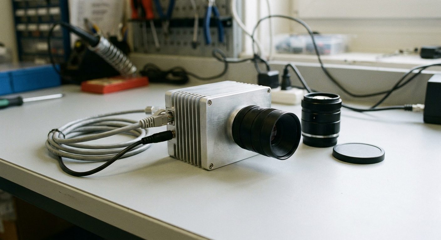 A compact industrial SWIR camera with a finned aluminum body and a C-mount lens on a workbench, with a network cable, a second lens and a lens cap beside it.