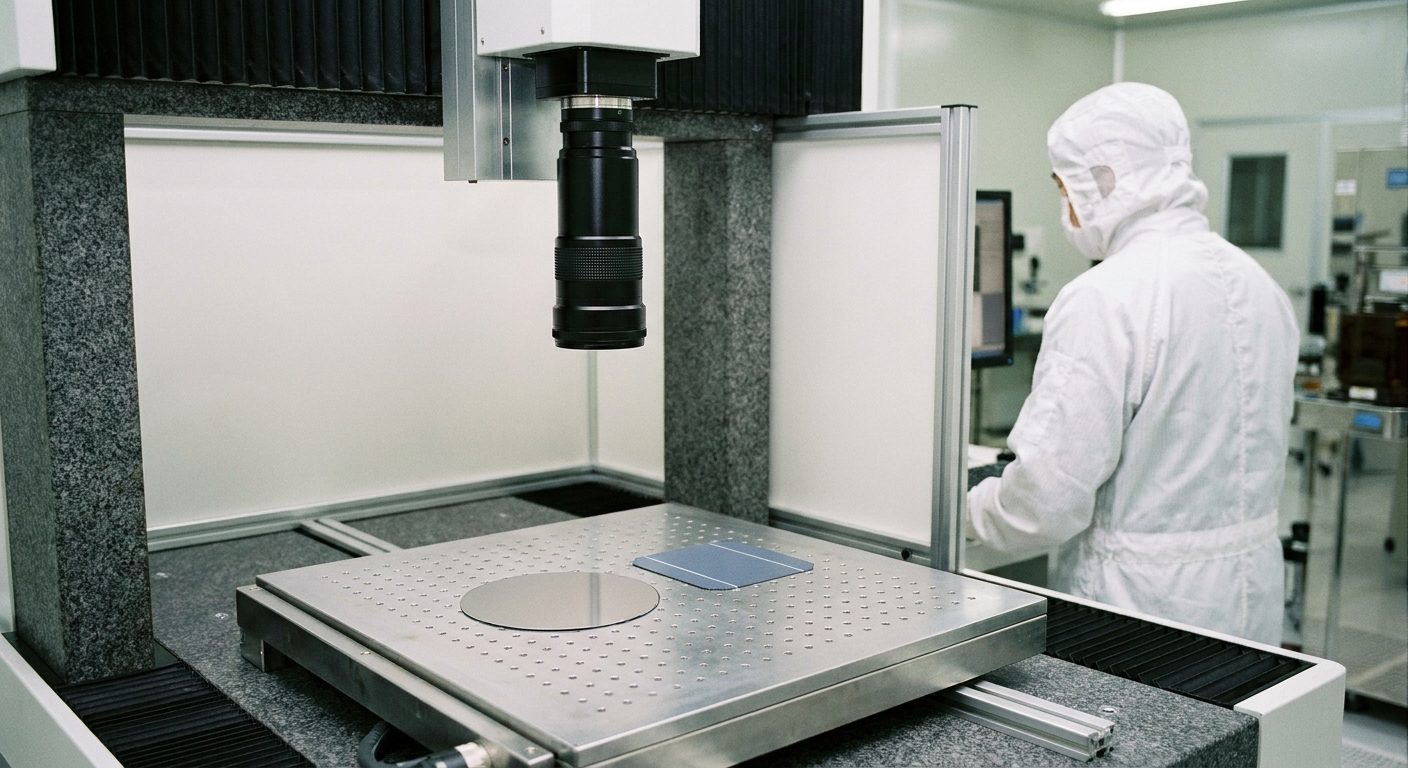 A downward-looking industrial camera with a long lens on a granite gantry above a silicon wafer and a solar cell on a precision stage in a cleanroom.